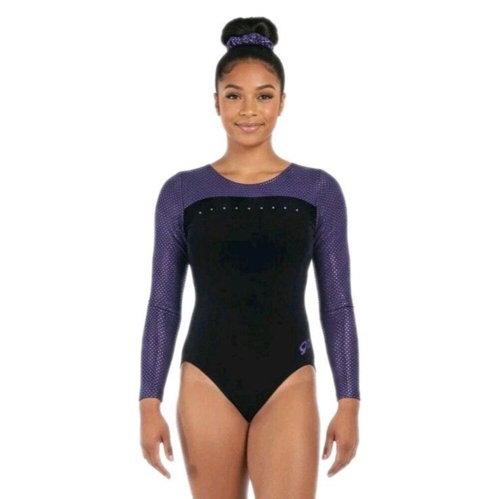GK Elite VTG Purple Pixelated Black Velvet Bling Scoop Competition Leotard AXL